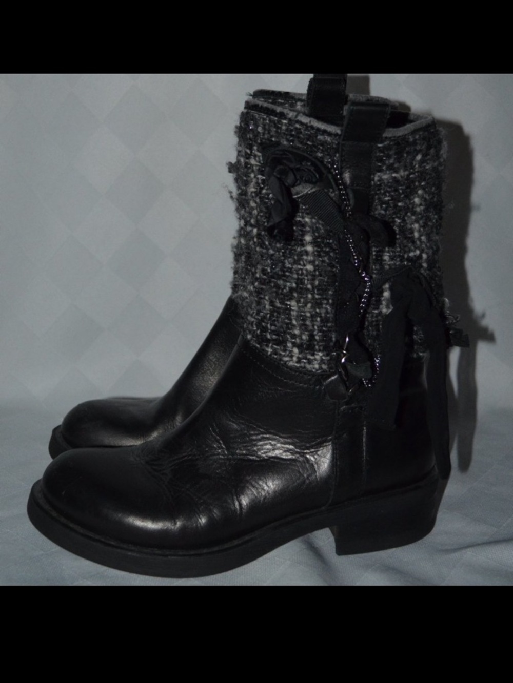 37 6.5 Twin Set Simona Barbieri Black Leather Tweed Mid Boots 1.5" Heels